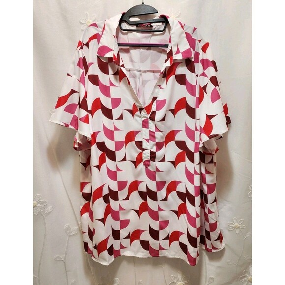 BLOOMCHIC WOMENS 26 4X WHITE PINK BLOUSE GEOMETRIC RETRO V-NECK STYLISH ABSTRACT - Picture 1 of 13